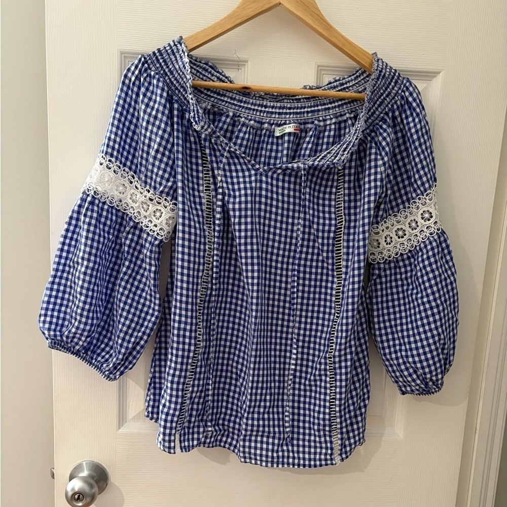 Made in Italy blue gingham crochet long sleeve top size Large shirt